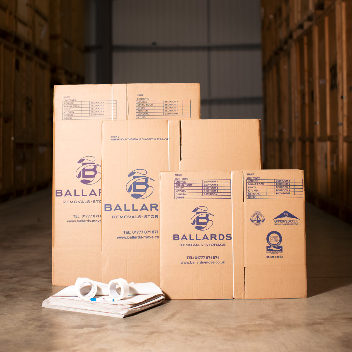 Ballards removal boxes lined up in different sizes