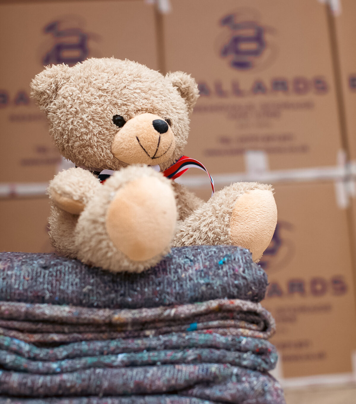 Ballards teddy bear sat on top of the protective covers