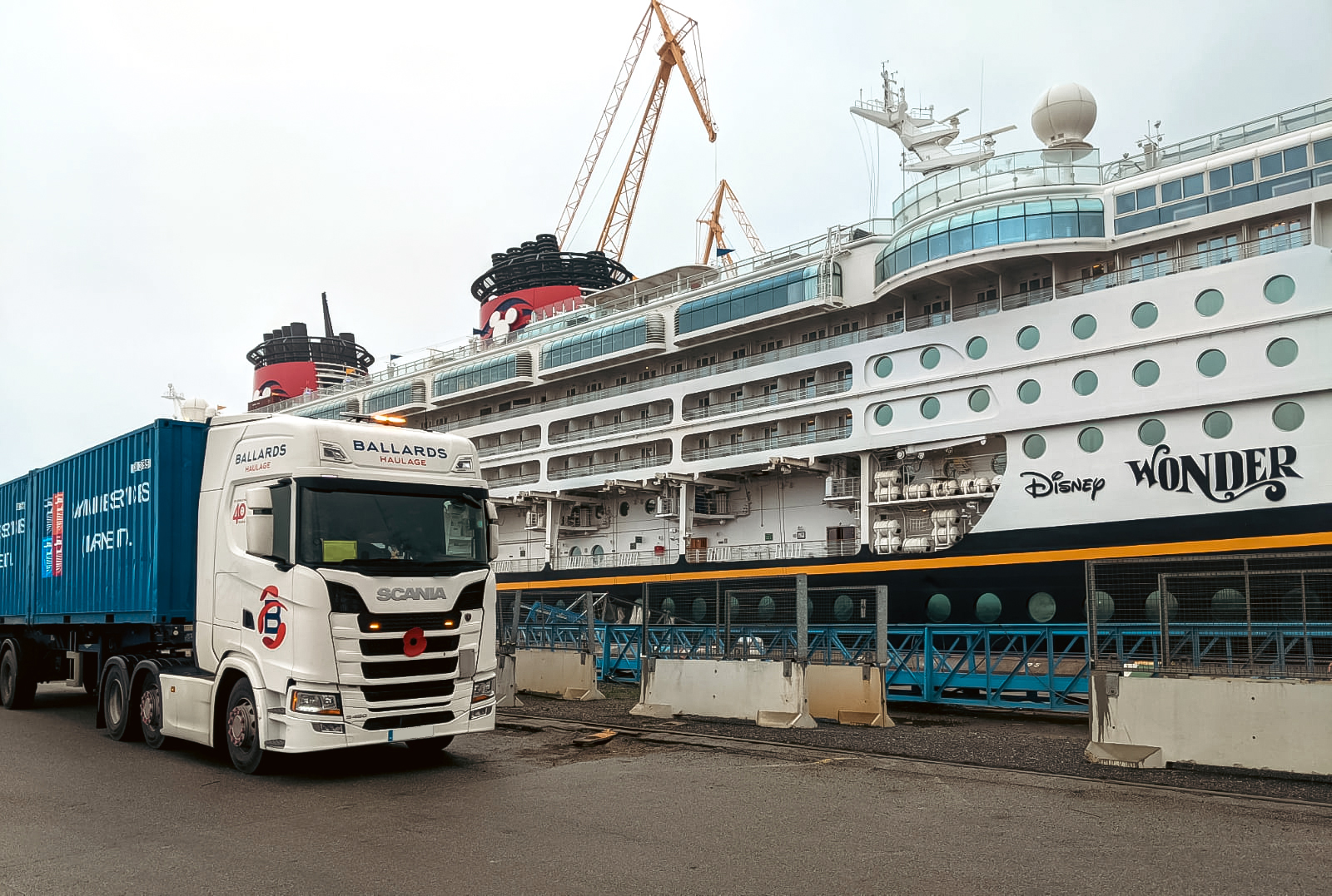 Disney Wonder Cruise Ship with a Ballards Removals Truck in front of it waiting for its Ship for International Removals