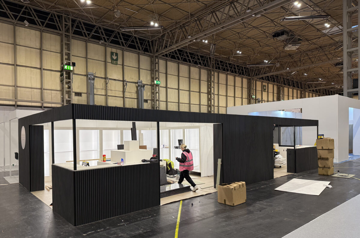 Trade show stand mid-build having been successfully been transported to the venue by Ballards removals