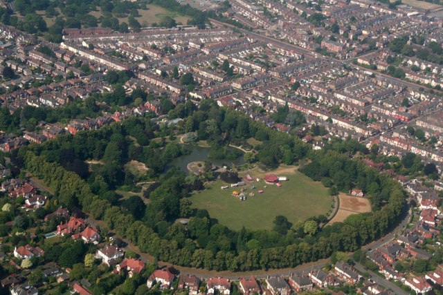 Aerial view of People’s Park in Grimsby, showing the central green space, surrounding trees and nearby urban area, photographed in 2018.