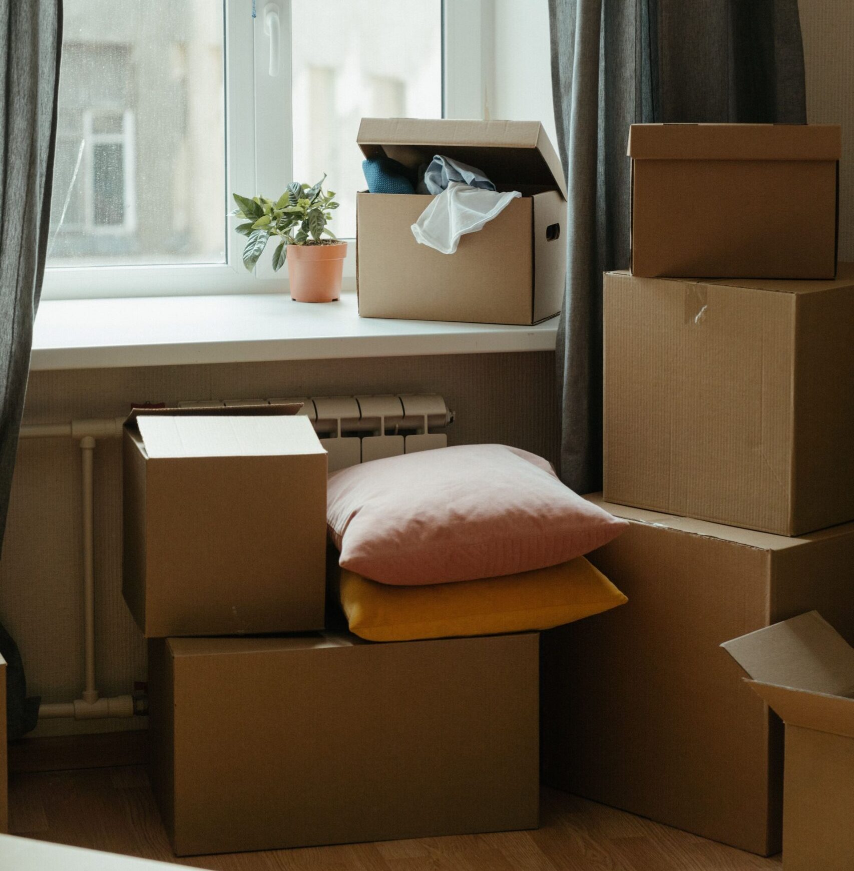 Cardboard moving boxes stacked inside a house in front of a large window.