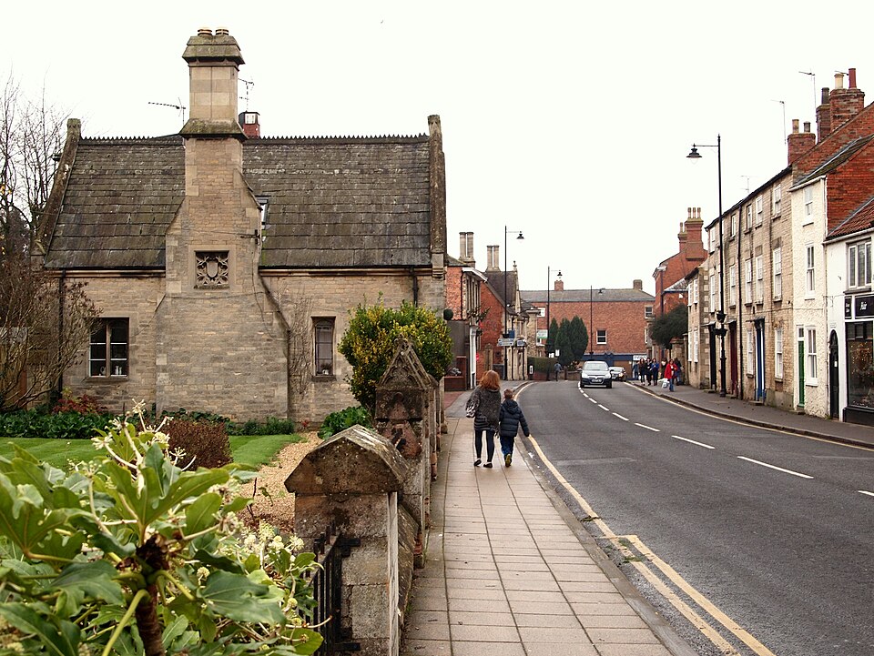 North Gate in Sleaford, Lincolnshire, showing the historic brick buildings and street frontage.