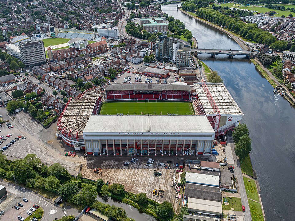 The City Ground stadium in West Bridgford viewed from a birds' eye view, showing the red stands and riverside setting.