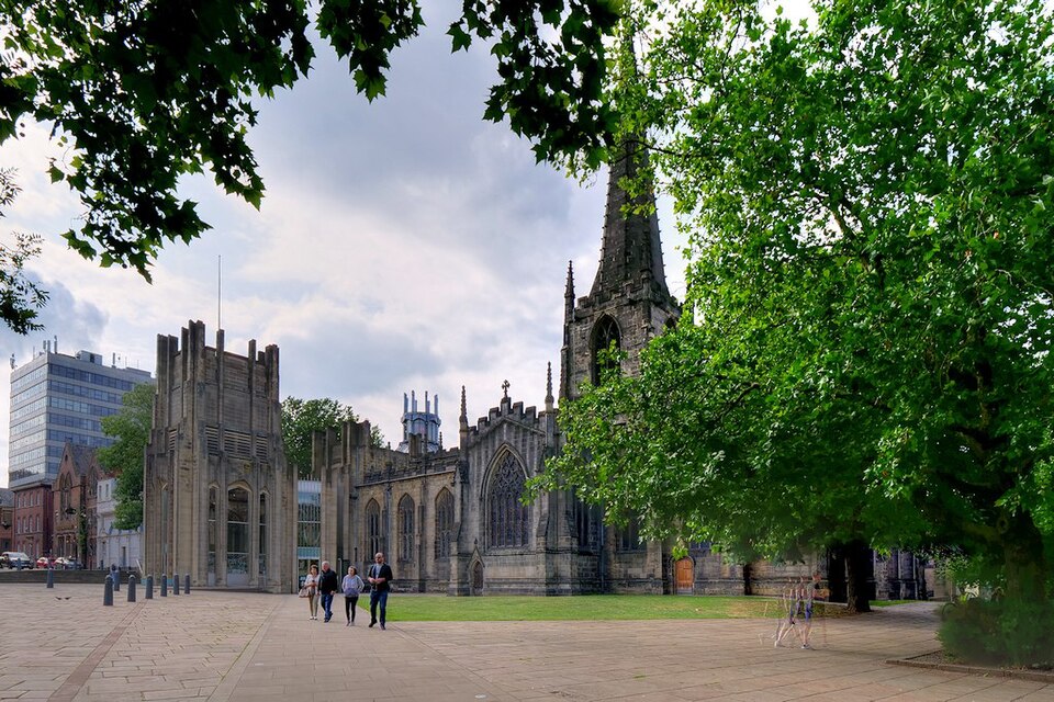 Sheffield Cathedral viewed from the street, showing its stone façade, tower and surrounding public space.